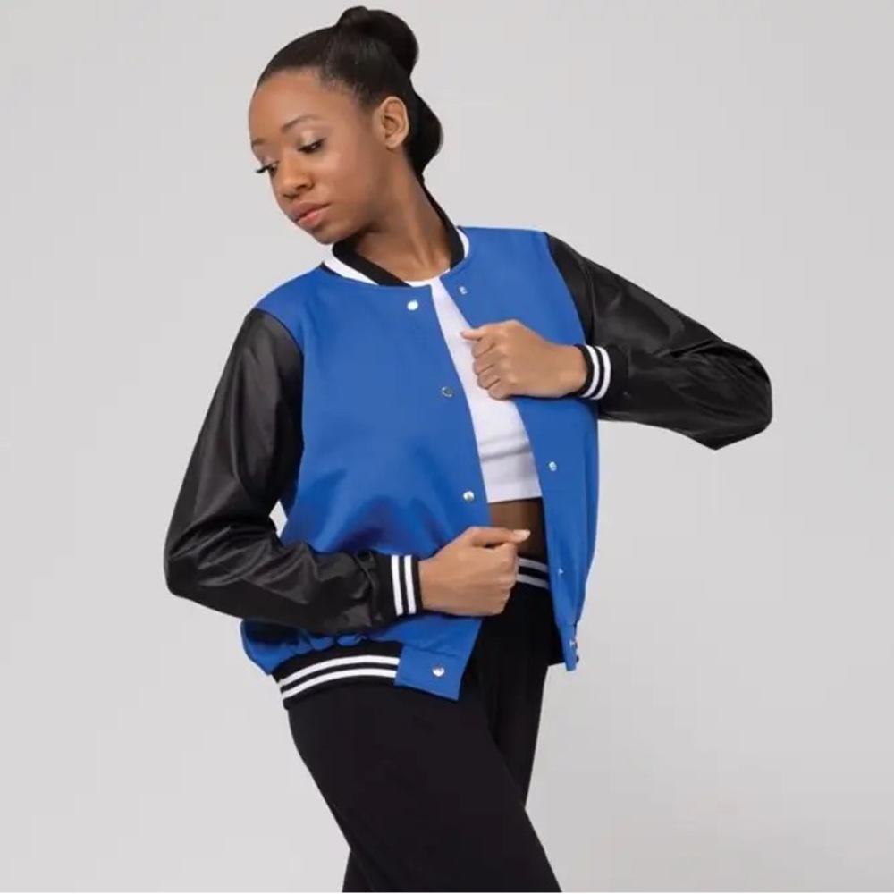 Striped trim Varsity Jacket in Blue with black vegan leather.